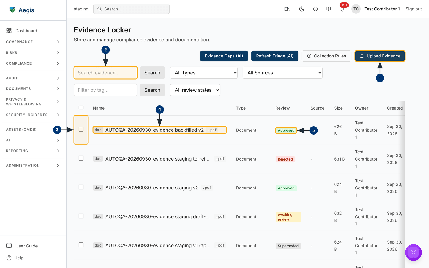 The Evidence Locker, with its AI actions, filters and Review column — /evidence.